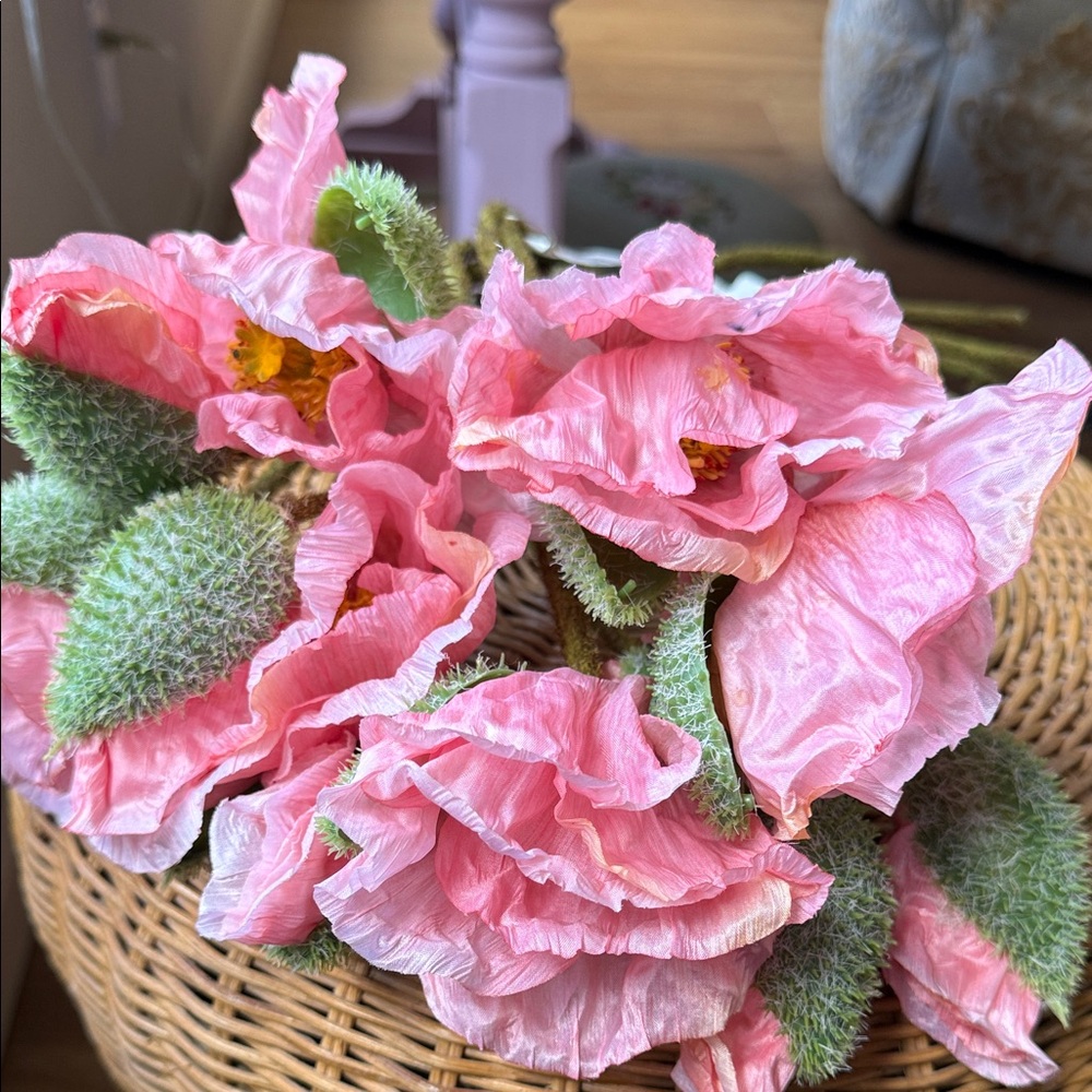 6 Stems 26” Poppy Spray Pink Faux Floral, Each Spray Has a Poppy Flower and Bud
